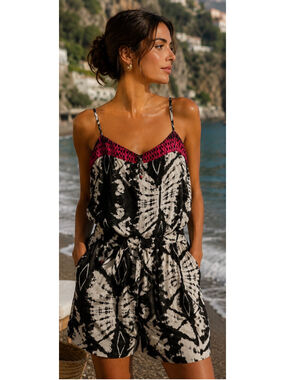 Da-Nang Tie-Dye Romper Size M Black and White 100% Silk